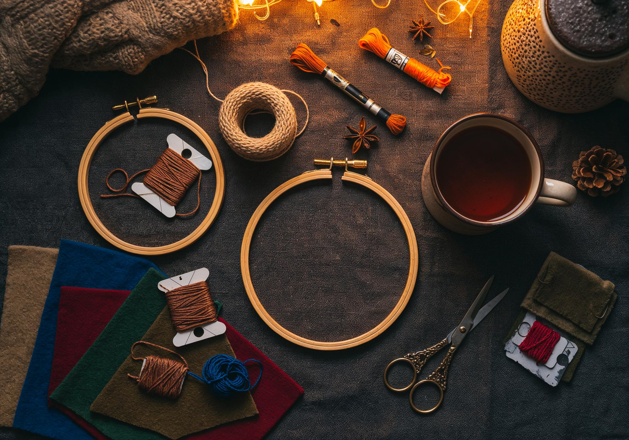 Studio workspace with embroidery hoops and threads